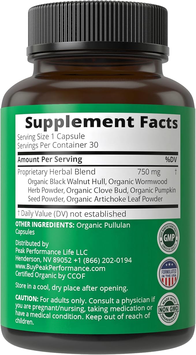 USDA Organic Wormwood Black Walnut Clove Cleanse For Humans. Elimination Detox + Intestinal Support Capsules Supplement for Adults and Kids. Pills with Artichoke and Pumpkin Seed for Added Benefits