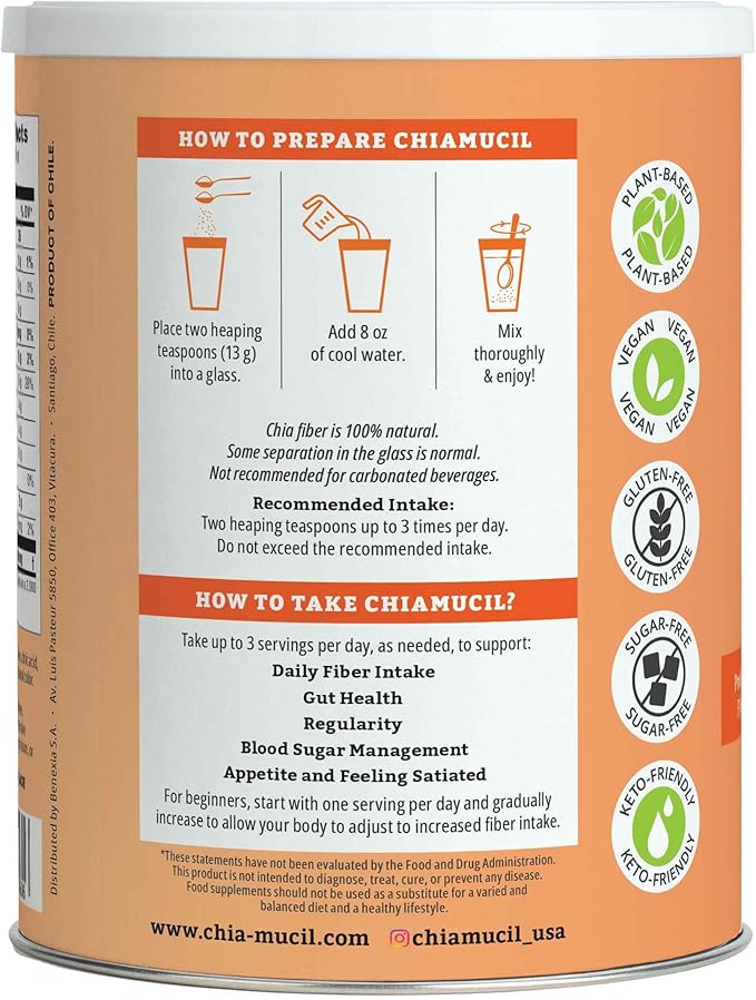 Chiamucil Prebiotic Fiber Supplement Powder – Chia Fiber & Chicory Root (Inulin) for Digestive Health & Appetite Control – Gluten & Sugar Free, Vegan, Non-GMO, Orange - 80 Servings