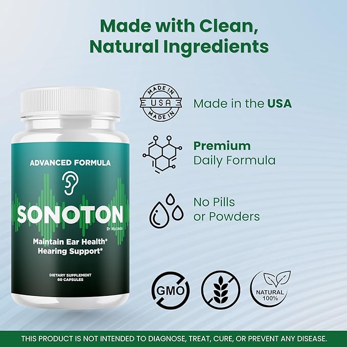 Sonoton Capsules - Official Ear Health Support Pills Premium Advanced Formula All Natural Supplement Multivitamin for Overall Ear & Hearing Wellness, 60 Capsules for 1 Month