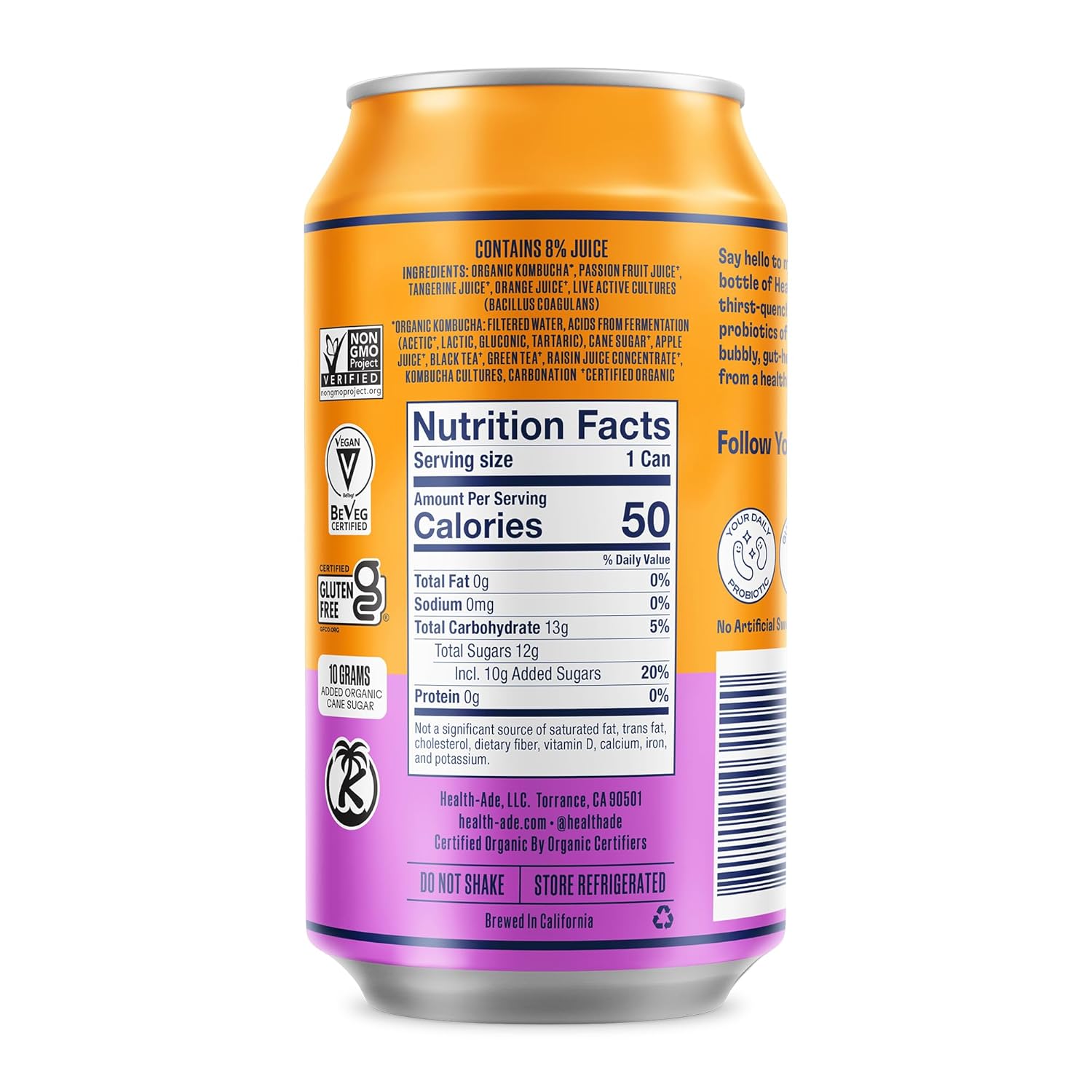 Health-Ade Passion Fruit-Tangerine Kombucha, Organic Drink, 12-Pack (11.5 Fl Oz Cans) – Fermented Tea with Probiotics, Non-GMO, Vegan, Gluten-Free