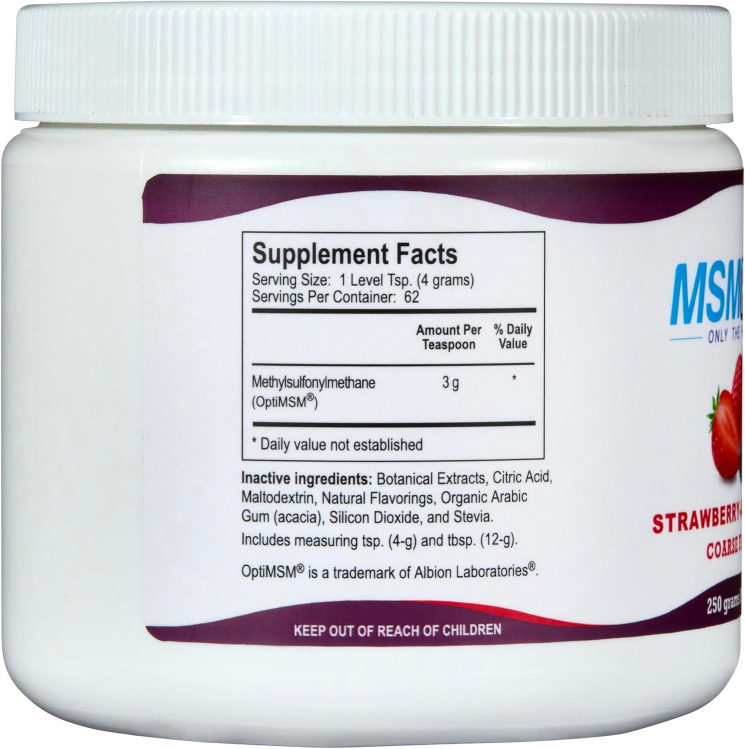 KALA HEALTH MSMPure Strawberry Acai Flavored Coarse MSM Powder Flakes – US-Made MSM for Joint Health, Skin Appearance, and Hair & Nail Support – 8.8 oz, Organic Sulfur