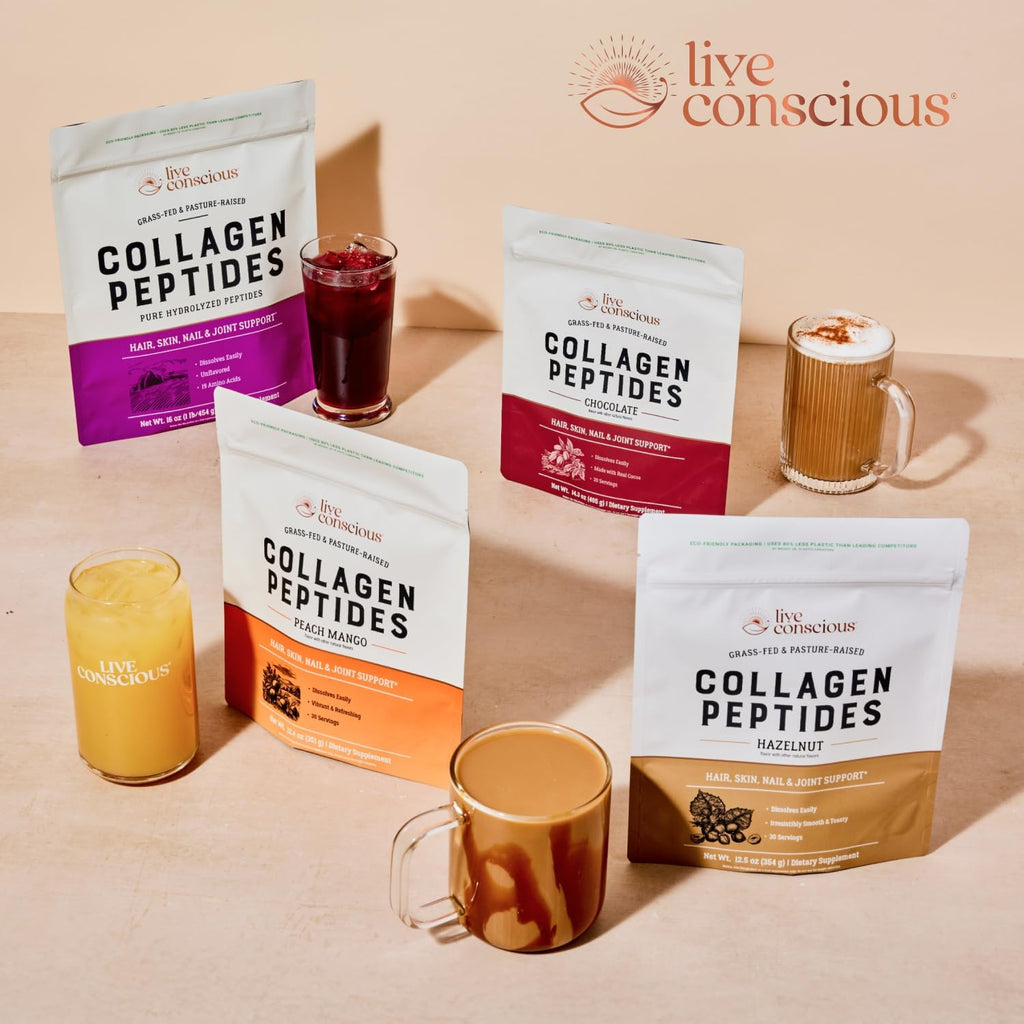 Live Conscious Collagen Peptides Powder - Hazelnut Flavored Collagen Powder - Hair, Skin, Nail, & Joint Support - Type I & III Grass-Fed Collagen Supplements for Women and Men - 30 Serving - 12.4oz
