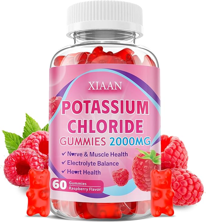 Potassium Gummies for Women & Men, High Dose 2000mg Potassium Chloride Supplement Gummies for Leg Cramps & Electrolyte Balance, Vegan/Sugar-Free/Gluten Free, Raspberry Flavor 60 Count