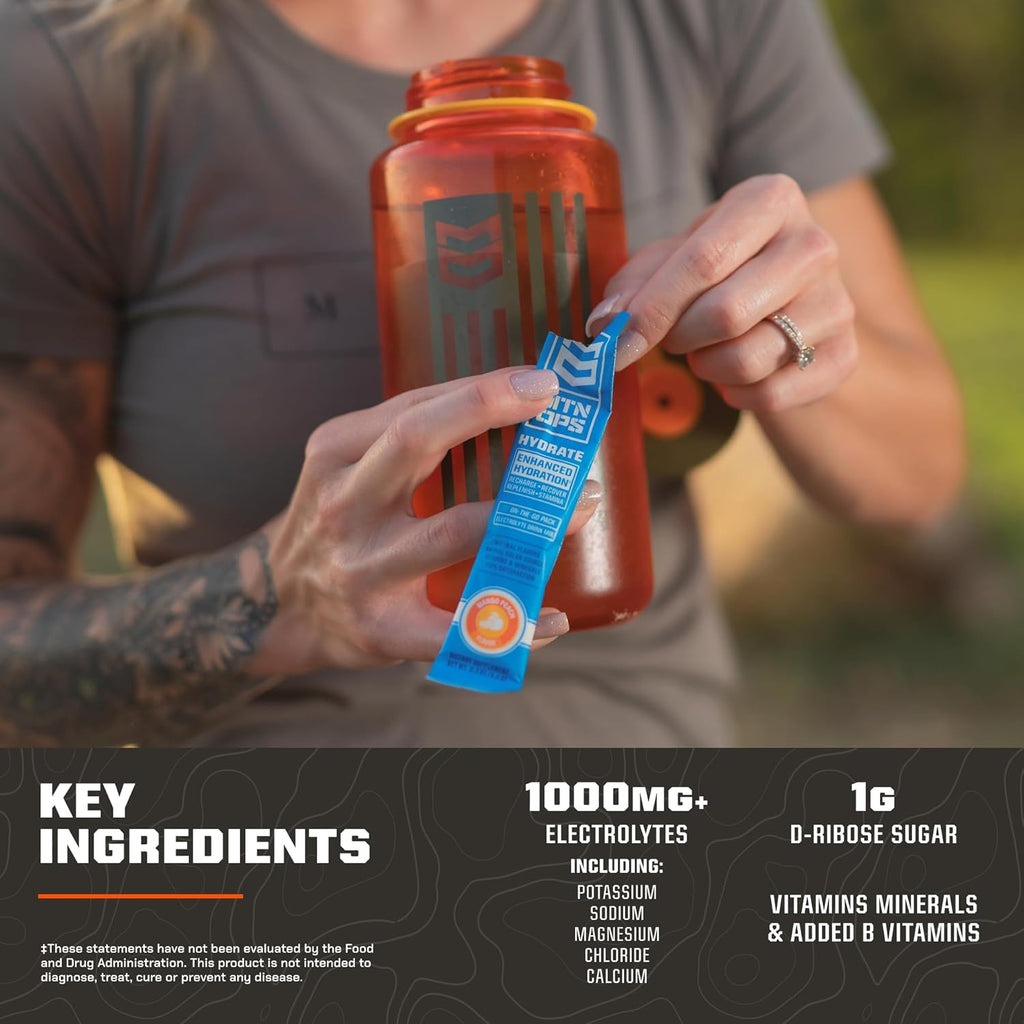 MTN OPS Hydrate Electrolytes Powder Drink Mix, 20 Single Serving On-The-Go Electrolyte Packs with Over 1000mg of Electrolytes per Serving, Strawberry Coconut