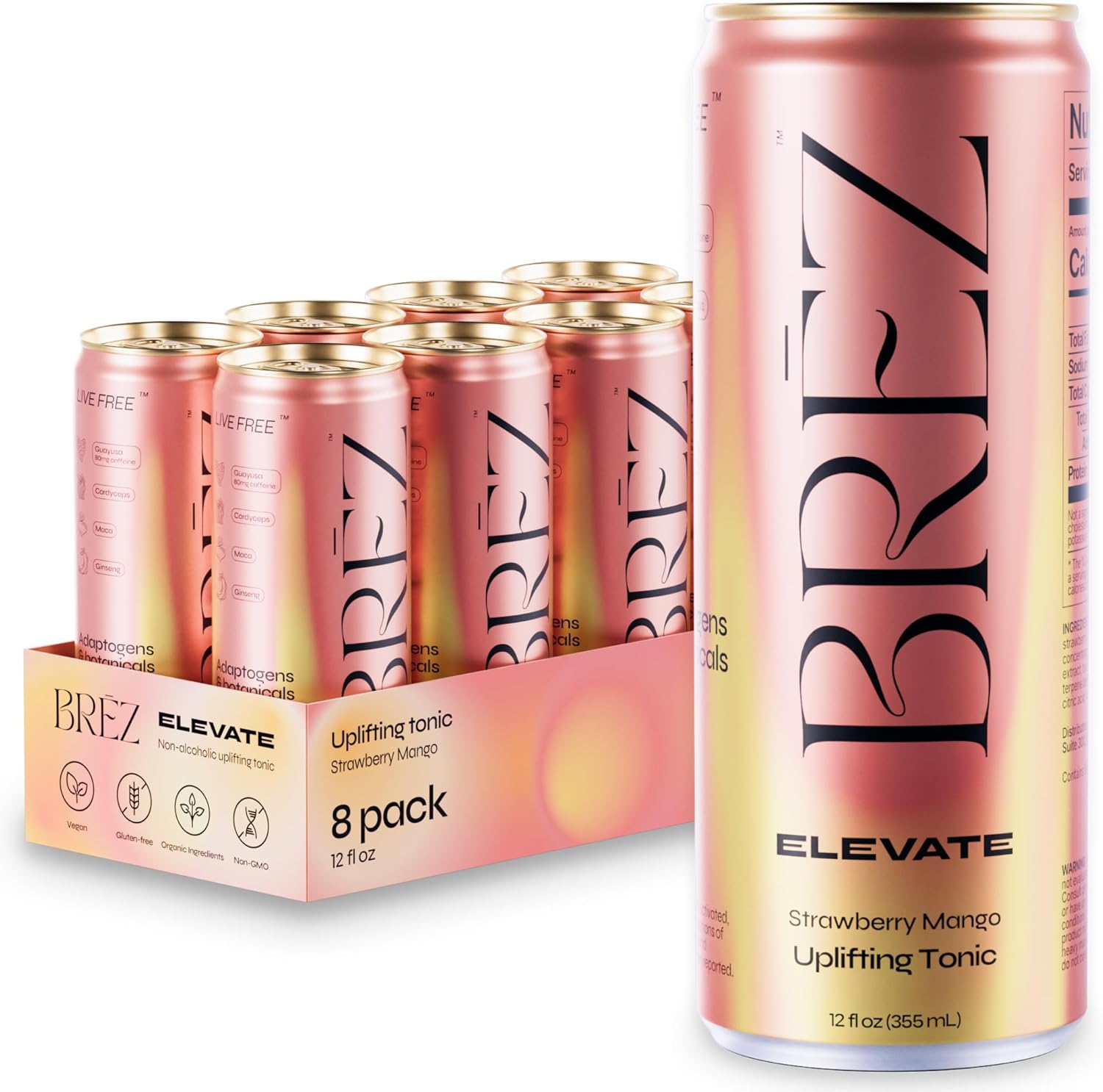 BRĒZ ELEVATE Cordyceps Mushroom Drink, Non-Infused Uplifting Tonic with Cordyceps, Guayusa, Maca & Ginseng, Vegan Adaptogen Drink for Focus, Drive & Mental Clarity, Strawberry Mango, 12 fl oz, 8 Pack