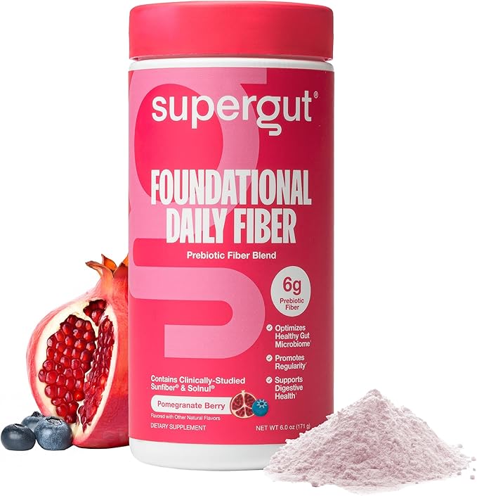 Supergut Foundational Daily Fiber Powder, Sugar Free & Vegan Prebiotic Fiber Blend for Gut Health & Digestive Support, Supplement for Men & Women with Solnul & Sunfiber, Pomegranate Berry, 18 Servings