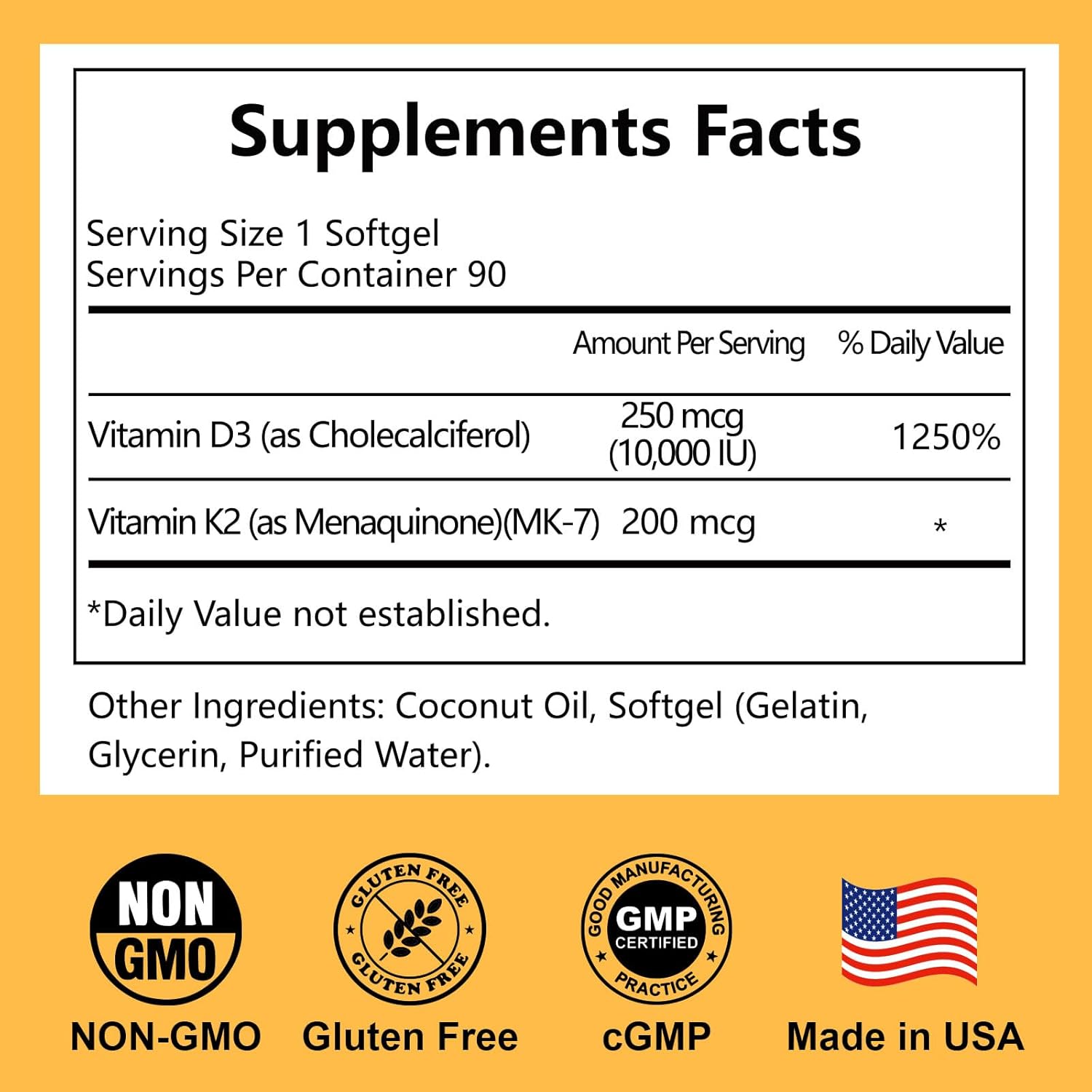 D3 K2 Vitamin 10000 IU + MK-7 200mcg Softgels, K2 D3 Vitamin Supplement with Coconut Oil for Bone, Teeth Health, Support Muscle & Heart Health, 90 Count