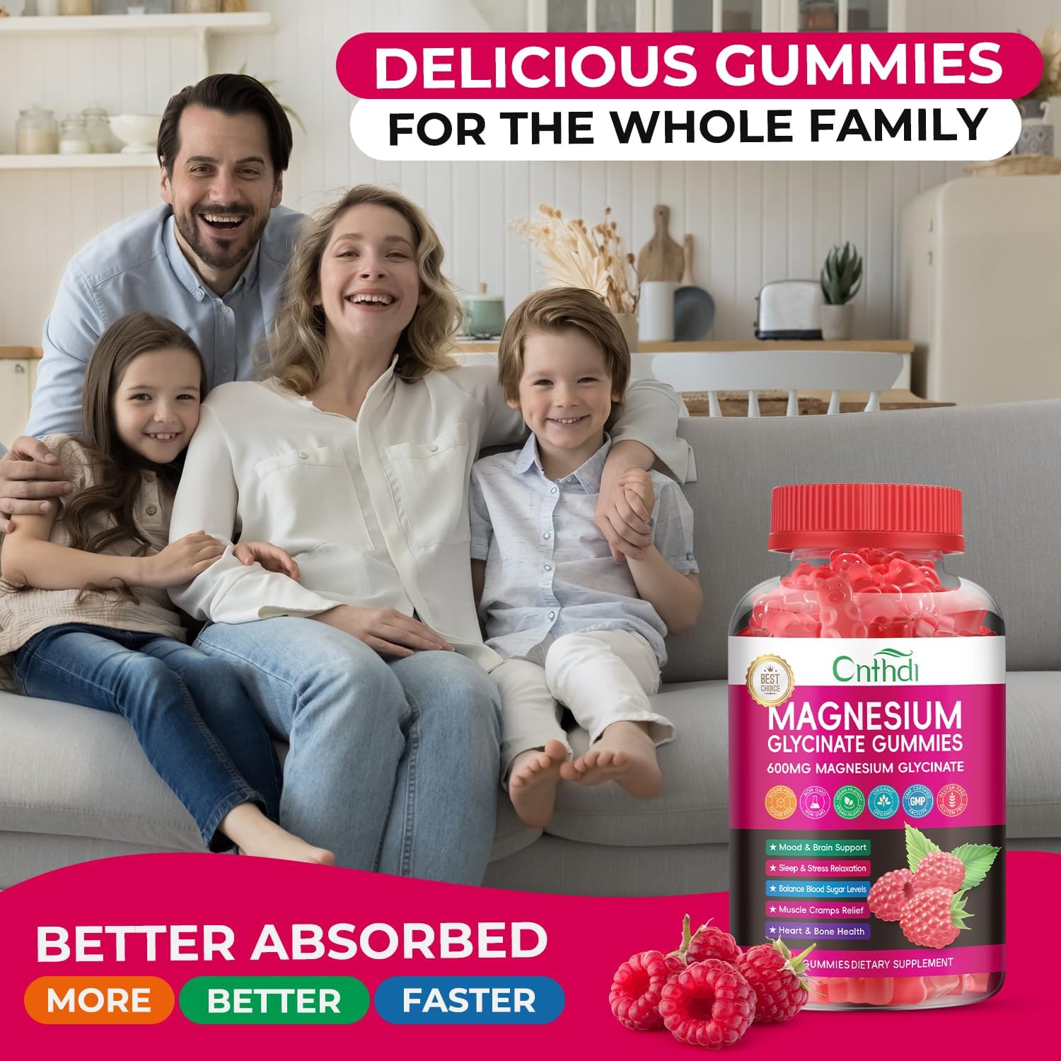 Magnesium Glycinate Gummies 600mg, High Absorption Magnesium Gummies with L-Threonate, Calcium, Vitamin B6, D3, Sugar Free Chews for Adults & Kids Relaxation, Stress Relief, Night Rest
