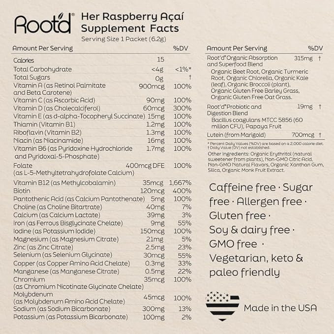 Root'd Multivitamin Powder for Women - 25 Vitamins & Minerals with 3X Electrolytes, 9 Organic Superfoods, Probiotics & Enzymes, Sugar-Free Multivitamin & Hydration | 30 Vitamin Drink Mix Packets