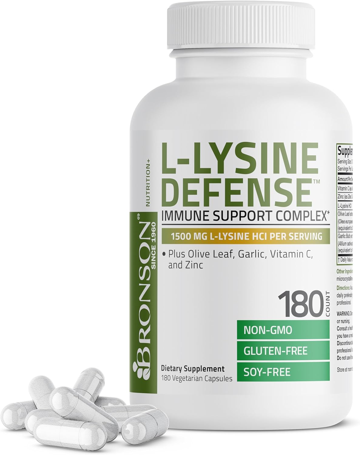 Bronson L-Lysine Defense Immune Support Complex 1500 MG L-Lysine Plus Olive Leaf, Garlic, Vitamin C and Zinc - Non-GMO, 180 Vegetarian Capsules