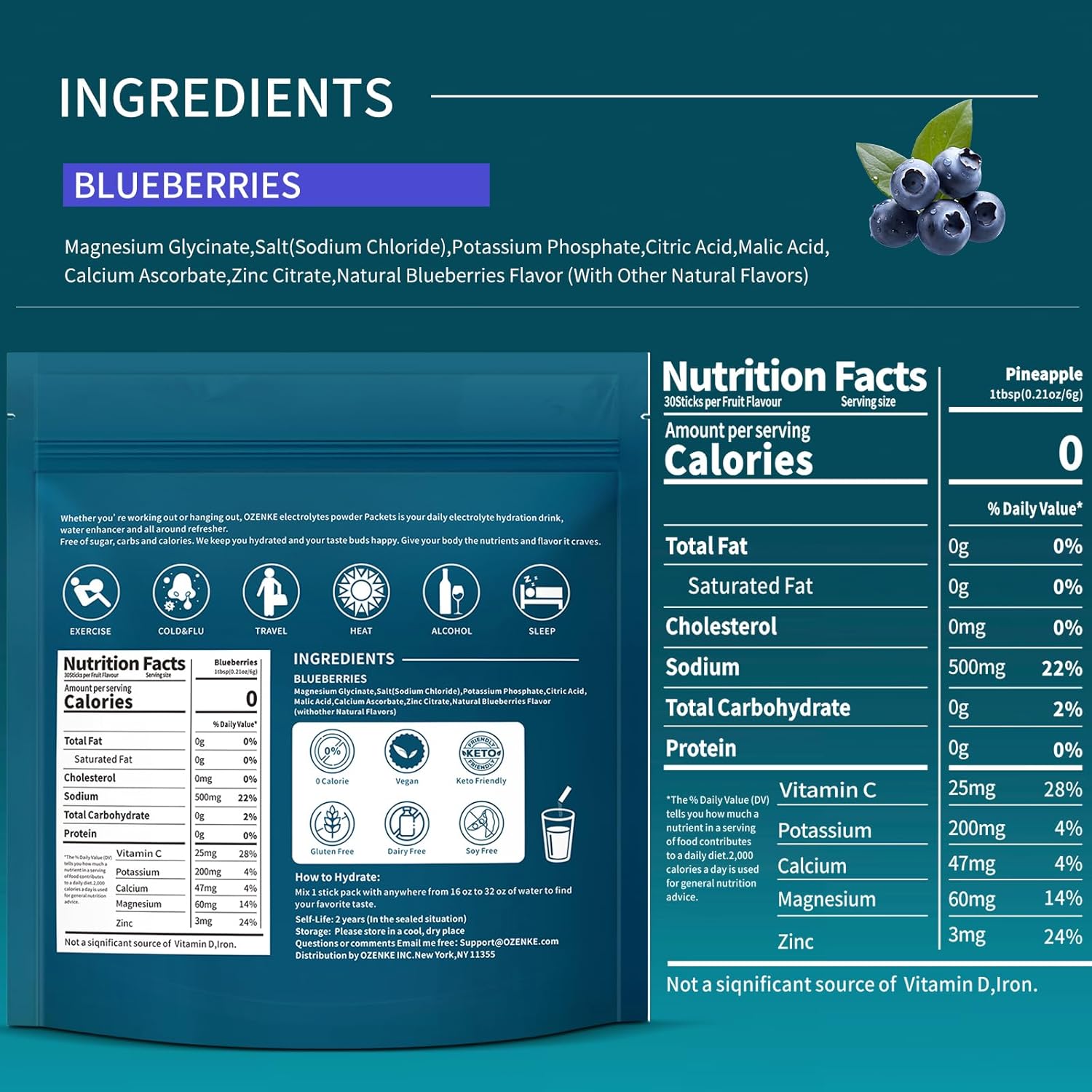 Electrolytes Powder Packets, 30 Sticks Hydration Packets Sugar Free, Electrolyte Drink Mix Portable Electrolyte Packets for Rapid Hydration, 0 Sugar & 0 Calorie, Blueberry Flavor