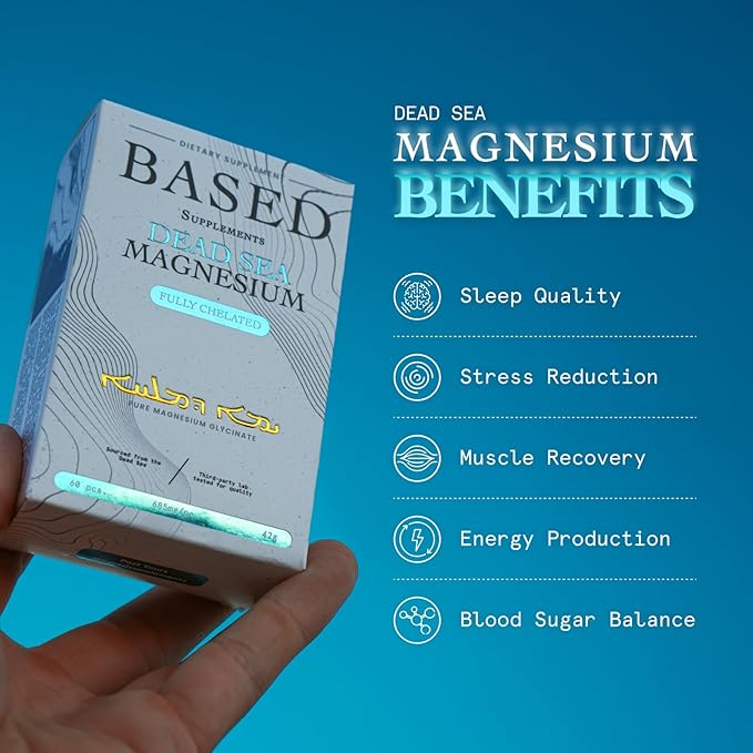 Based Dead Sea Magnesium | Pure Magnesium Glycinate | Support Stress Relief, Sleep, Heart Health, Nerves, Muscles, and Metabolism | 60 Capsules