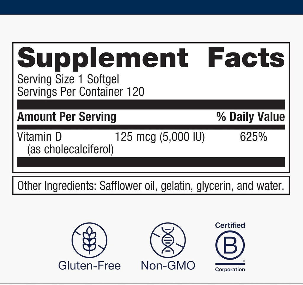 Metagenics Vitamin D3 5000 - for Immune Support, Bone Health & Heart Health* - High Potency Vitamin D - Non-GMO - Gluten-Free - 120 Softgels