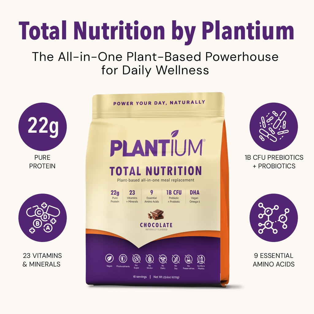 Plantium Total Nutrition, Premium All-In-One Meal Replacement Shake, Plant-Based Protein Powder with Vitamins, Minerals & Probiotics, 22g Protein per Serving, Chocolate