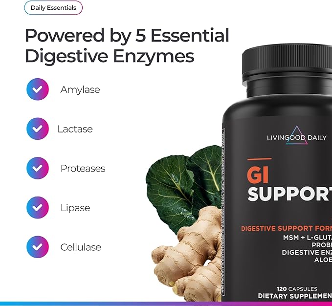 Livingood Daily Gut Cleanse Detox Supplement, 13-in-1 GI Support with L Glutamine, Aloe Vera, Digestive Enzymes, Probiotics & MSM, Vegetarian Capsules, Gluten Free, Non GMO, Allergen Free, 120 Count