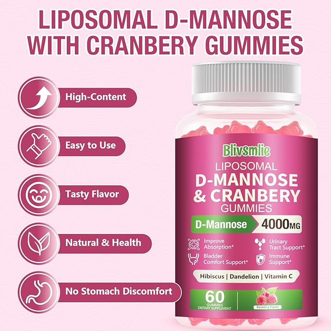 2 Pack Liposomal D-Mannose Gummies 4000mg Complex Cranberry 1500mg & Hibiscus,High-Potency Formula for Women Urinary Tract & Immune Support,Liver, Bladder Flush Cleanse Wellness Supplement