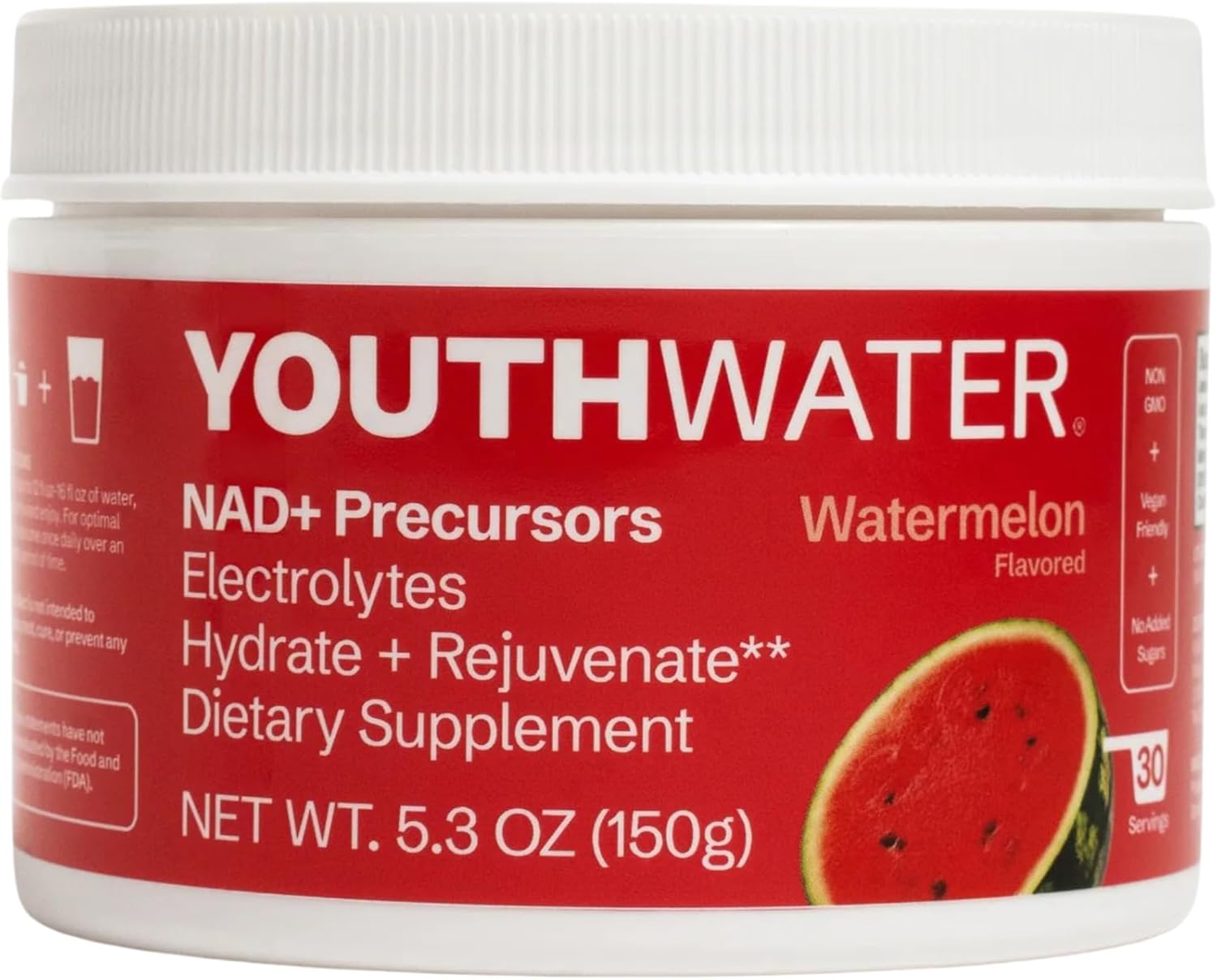 NAD+ Electrolyte Powder – Cellular Hydration & Longevity Support – Watermelon Flavor – 5 Calories, No Added Sugar, Non-GMO, Essential Vitamins & Minerals – 30 Servings