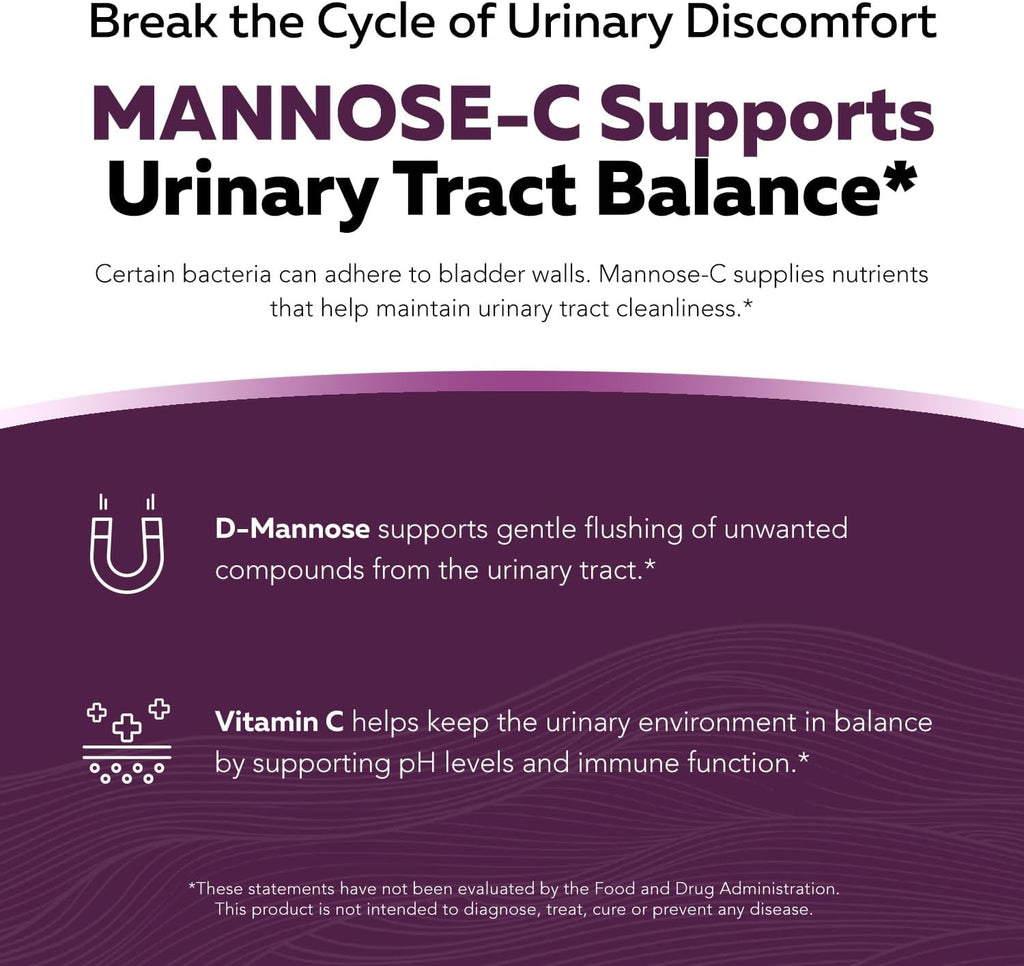 Mannose-C - Organic D-Mannose + Whole Food Vitamin C, Natural UTI Support Supplement to Flush & Cleanse Urinary Tract, Certified Organic Urinary Health for Women, Vegan, Non-GMO (180 Count)