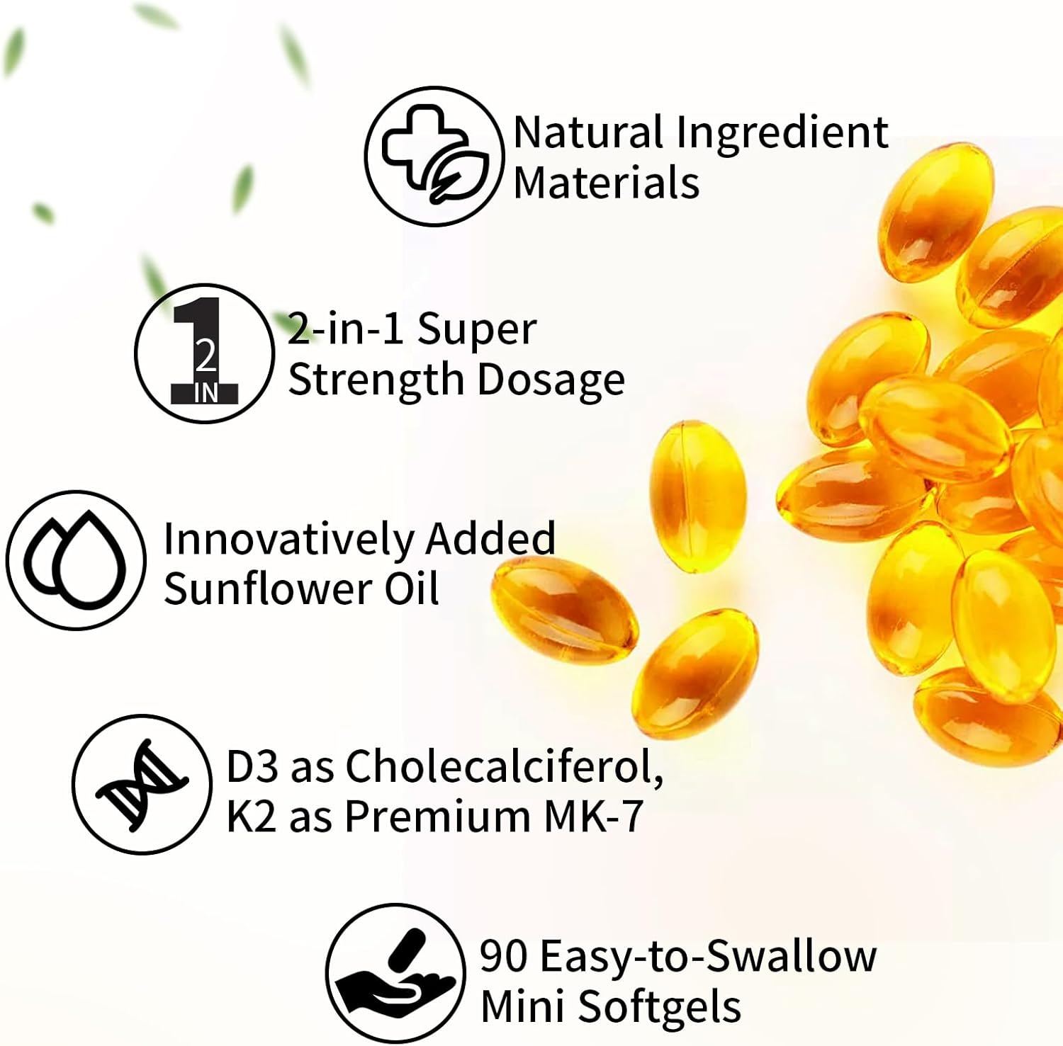 Vitamin D3 K2, 5000 IU D3 and 100 mcg K2 (MK-7), with Sunflower Oil Softgels, 90 Softgels, 2-in-1 Formula, Easy to Absorb and Swallow (1 Bottle)