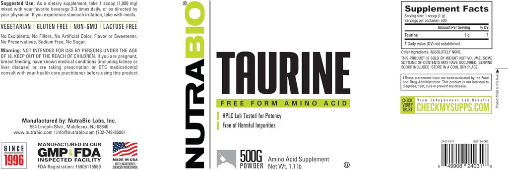 NutraBio Taurine Powder 500g | Pure Free-Form L-Taurine Amino Acid Supplement | Supports Cellular Health, Energy, and Wellness | Non-GMO, USP Grade