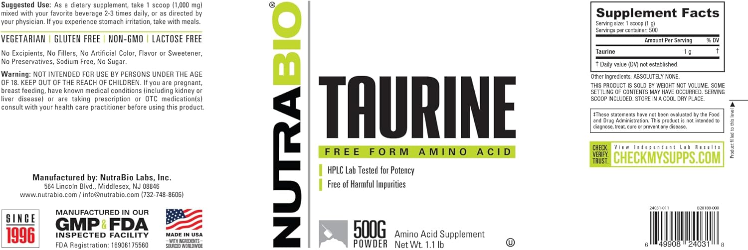 NutraBio Taurine Powder 500g | Pure Free-Form L-Taurine Amino Acid Supplement | Supports Cellular Health, Energy, and Wellness | Non-GMO, USP Grade