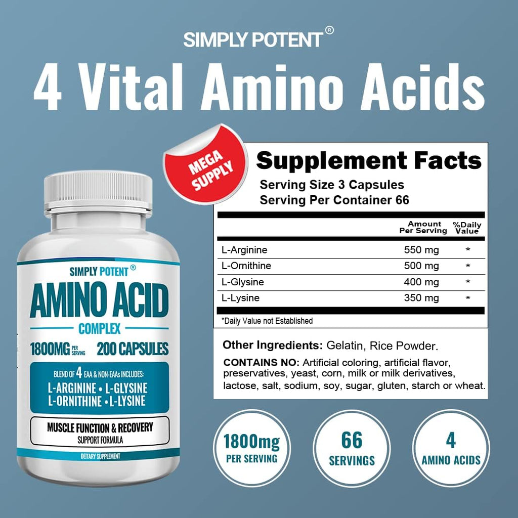 Simply Potent Amino Acid Complex 1800mg 200 Capsules, Blend of 4 Essential and Non Essential Amino Acids, Includes L-Arginine 550mg, L-Ornithine 500mg, L-Glysine 400mg & L-Lysine 350mg for Muscle