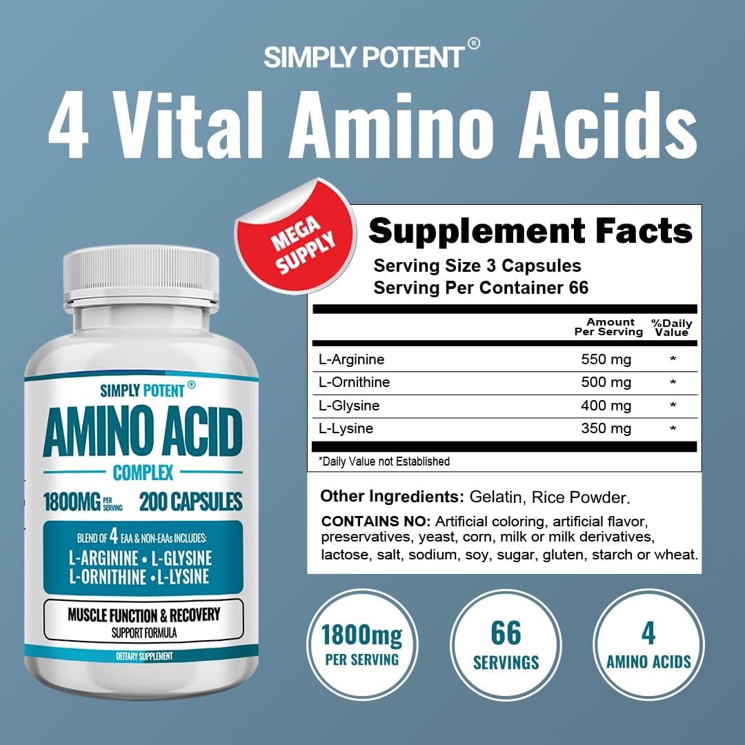 Simply Potent Amino Acid Complex 1800mg 200 Capsules, Blend of 4 Essential and Non Essential Amino Acids, Includes L-Arginine 550mg, L-Ornithine 500mg, L-Glysine 400mg & L-Lysine 350mg for Muscle