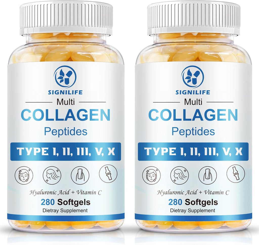 Multi Collagen Peptides for Women & Men, Hydrolyzed Collagen Peptides-Type I, II, III, V, X - with Hyaluronic Acid,Vitamin C,Biotin,Supports Skin Hair Nail, Non-GMO,560 Softgels