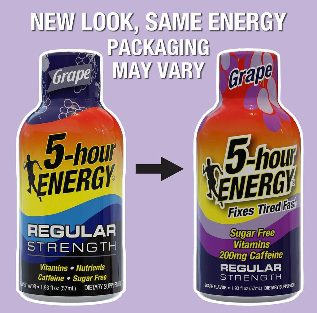 5-hour ENERGY Shots Regular Strength, Grape Flavor, 1.93 oz. 30 Count, Sugar Free, Zero Calories, Amino Acids and Essential B Vitamins, Dietary Supplement, Feel Alert and Energized, 200mg Caffeine