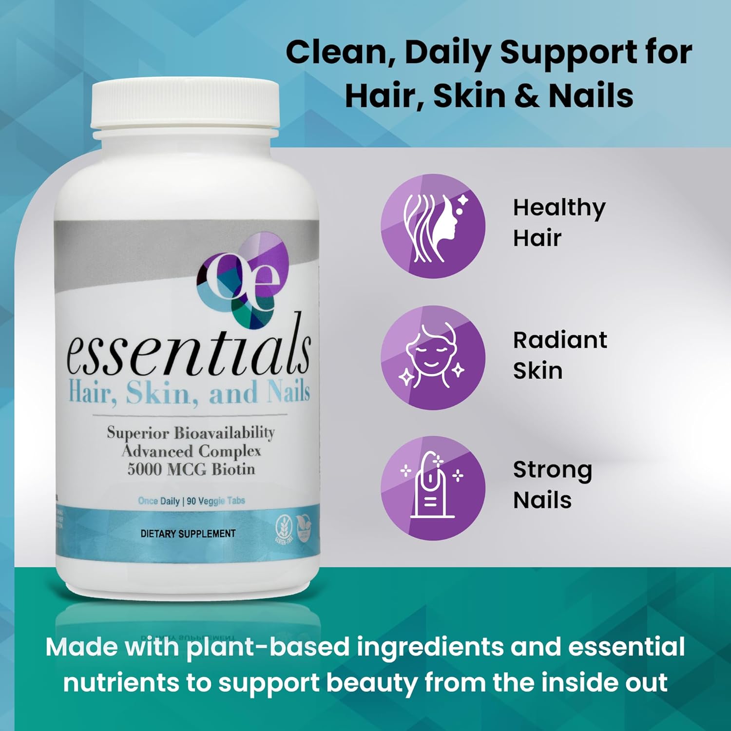 Organic Excellence Hair Skin Nail Vitamin Supplement with Biotin, Hyaluronic Acid, MSM – Advanced Absorption - 3 Month Supply