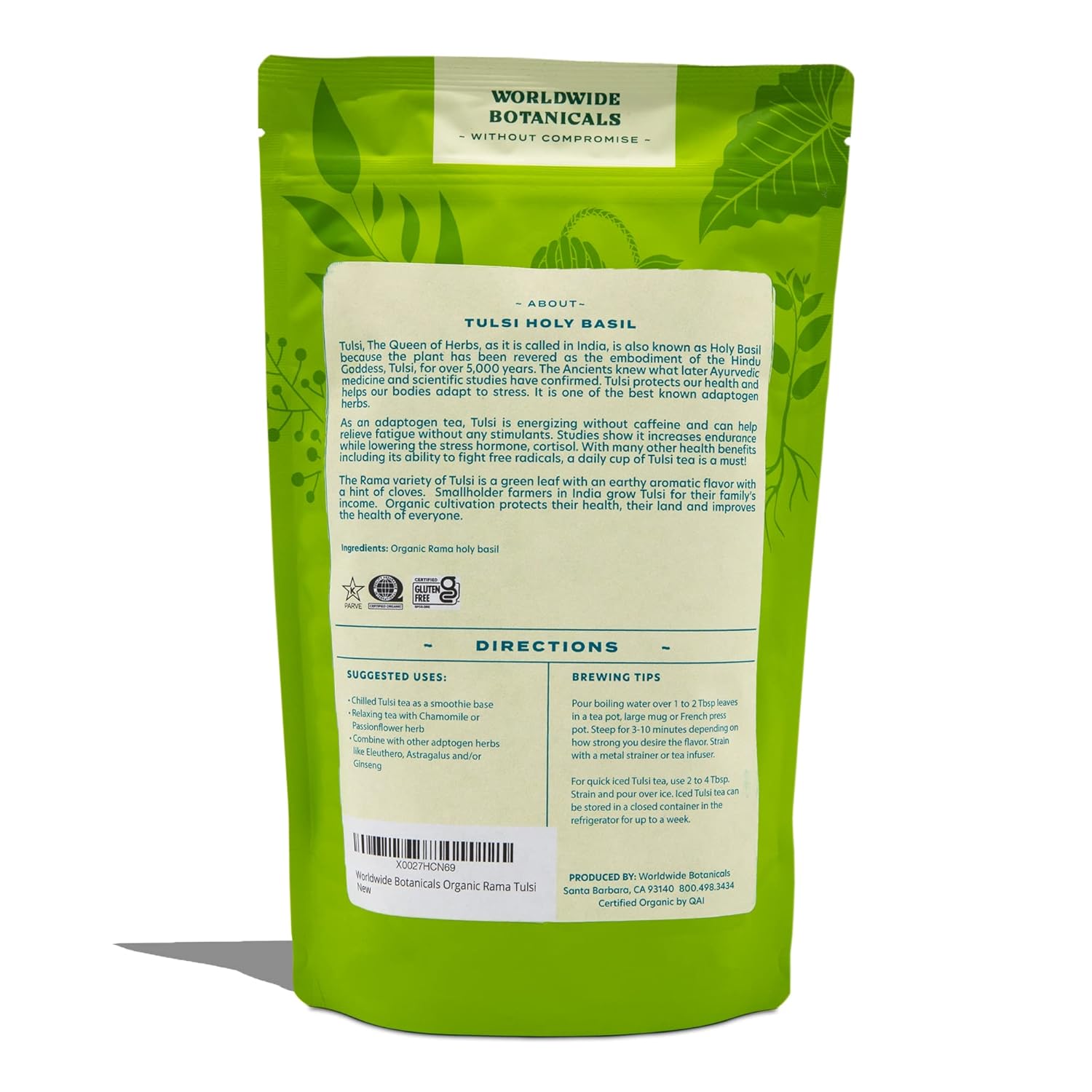 Worldwide Botanicals Organic Holy Basil Tea, 8oz - Tulsi Rama - Loose Leaf Premium Herbal Tea, 100% Pure Tulsi Holy Basil, Fair Trade, Adaptogenic, Kosher