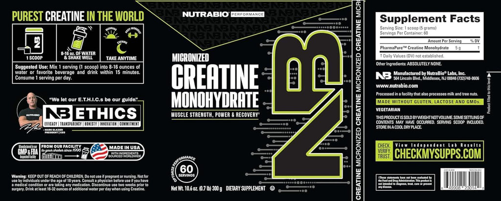 NutraBio Pure Micronized Creatine Monohydrate Powder Supplement, Unflavored, (300 g) - Supports Bulk Muscle Energy, Recovery, and Strength - HPLC Tested Creatine Powder Supplement for Men and Women