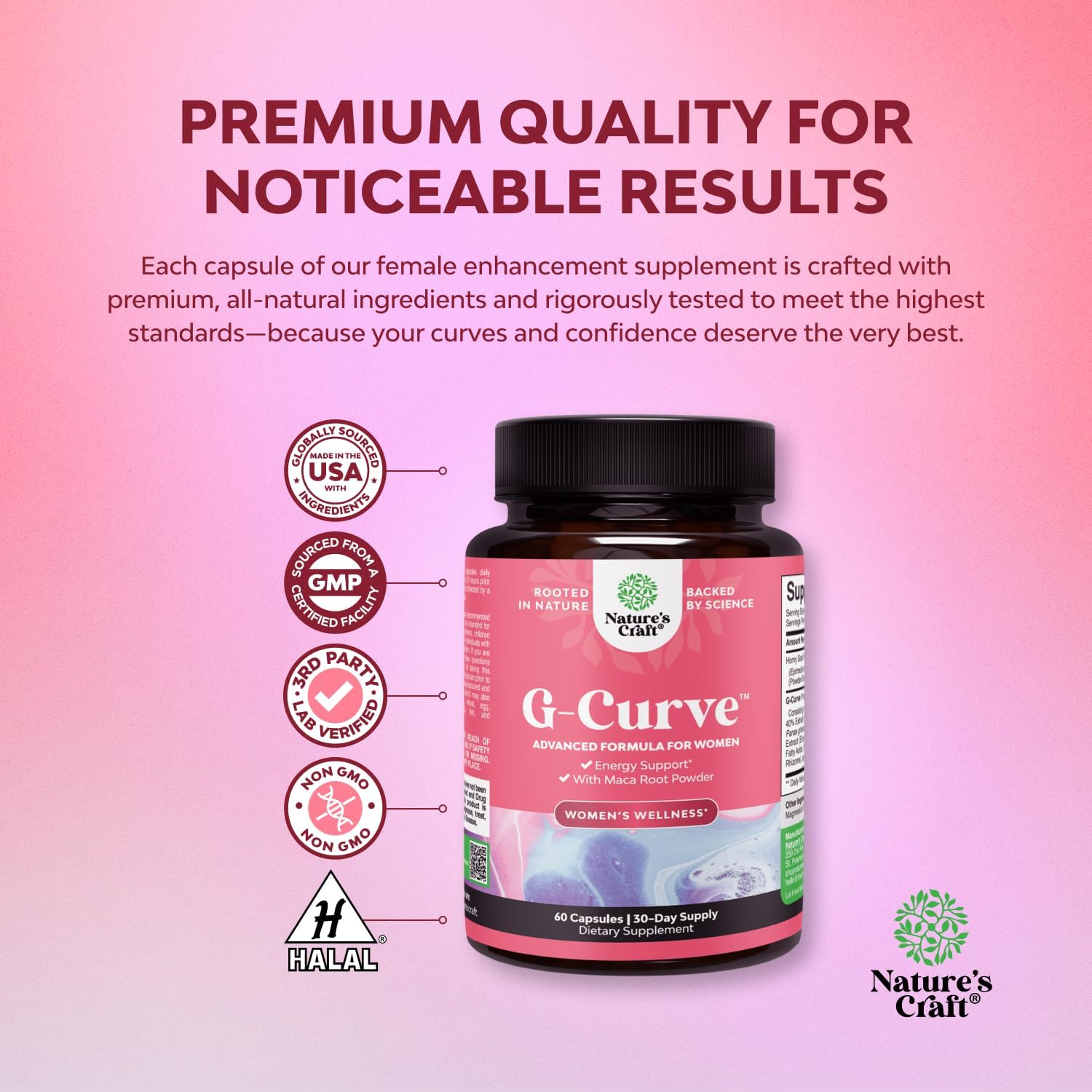 Natures Craft G-Curve Butt and Breast Enhancement Pills - Herbal Enhancer May Support Body Sculpting Curves with Saw Palmetto Extract Horny Goat Weed for Women *Results Vary 60 Count