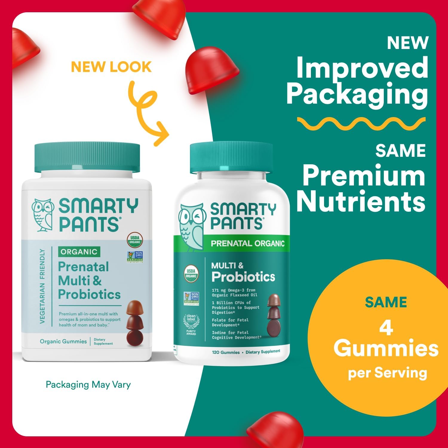 SmartyPants Organic Prenatal Vitamins for Women, Multivitamin Gummies: Probiotics, Biotin, Methylfolate, Omega 3 (ALA), Vitamin D3, C, Vitamin B12, B6, A, K2 & Zinc, Choline, 120 Count (30 Day Supply)