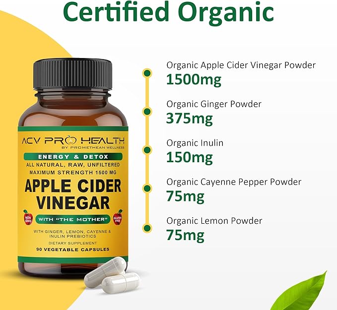 Promethean Wellness 2-Pack ACV Pro Apple Cider Vinegar Capsules Certified Organic with Mother ACV Pills Detox Cleanse Acid Reflux Relief Support Supplement Ginger Root Cayenne Pepper Powder