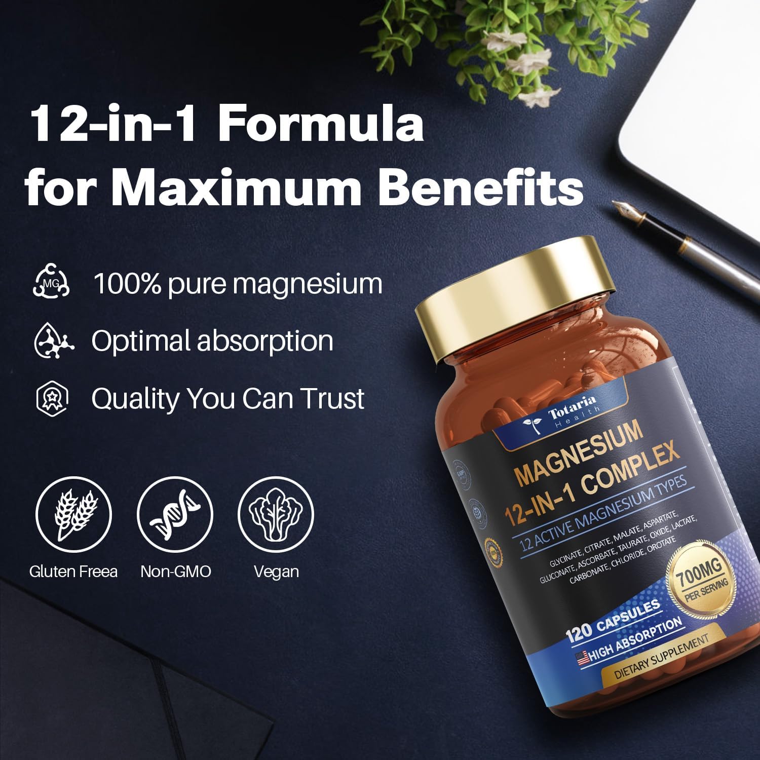 Magnesium Complex 700mg 12 in 1 Magnesium Supplement with Glycinate Citrate Malate Oxide Taurate Aspartate Orotate Magnesium Relaxation,Muscle,Heart Support, Vegan 120 Capsules