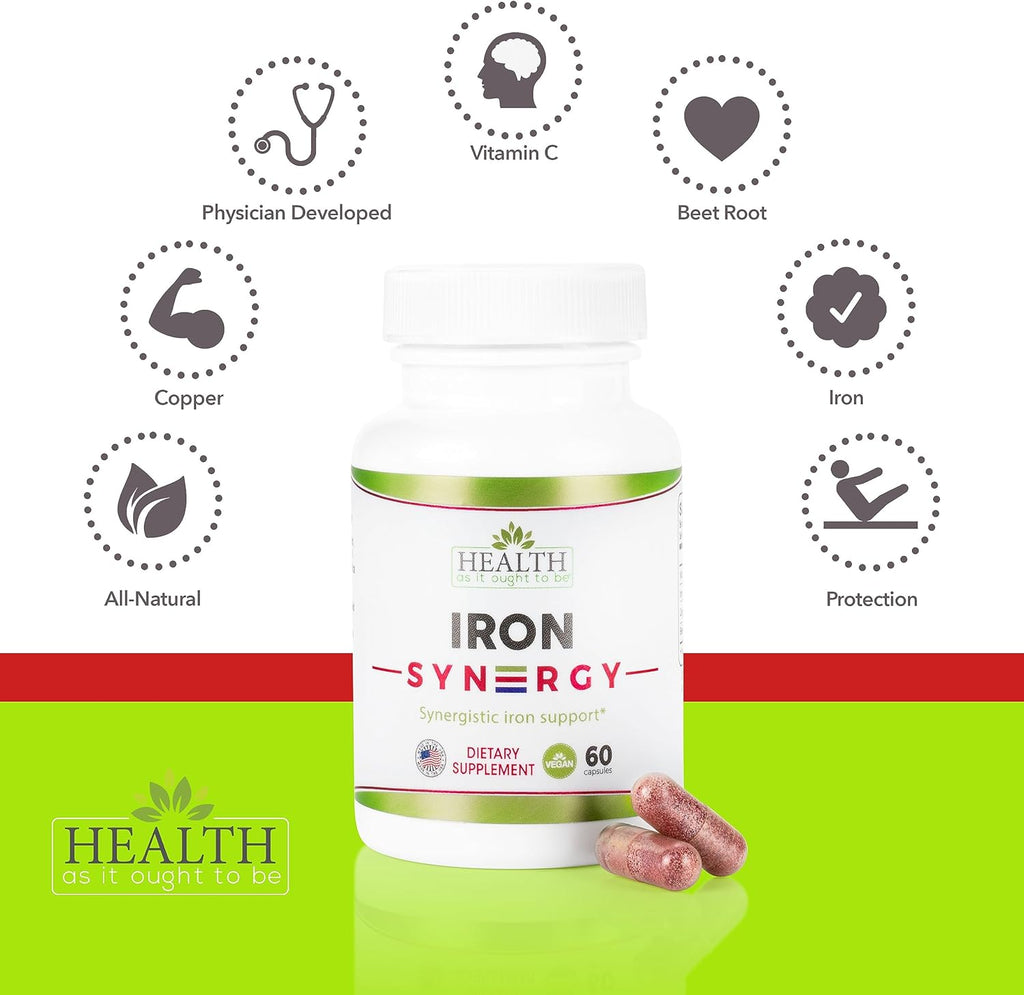 Health As It Ought To Be Iron Syn3rgy Supplement | Physician Formulated Capsules with Iron, Copper, Beet Root, Vitamin C | 60 Capsules