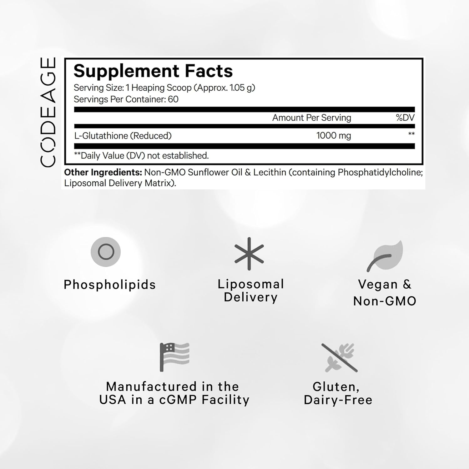 Codeage Liposomal Glutathione Powder - 1,000 mg L-Glutathione per Serving, Liposomal Delivery - 2-Month Supply - Vegan Reduced L-Glutathione - Unflavored - Phospholipid - Non-GMO Gluten-Free - 2.22 Oz