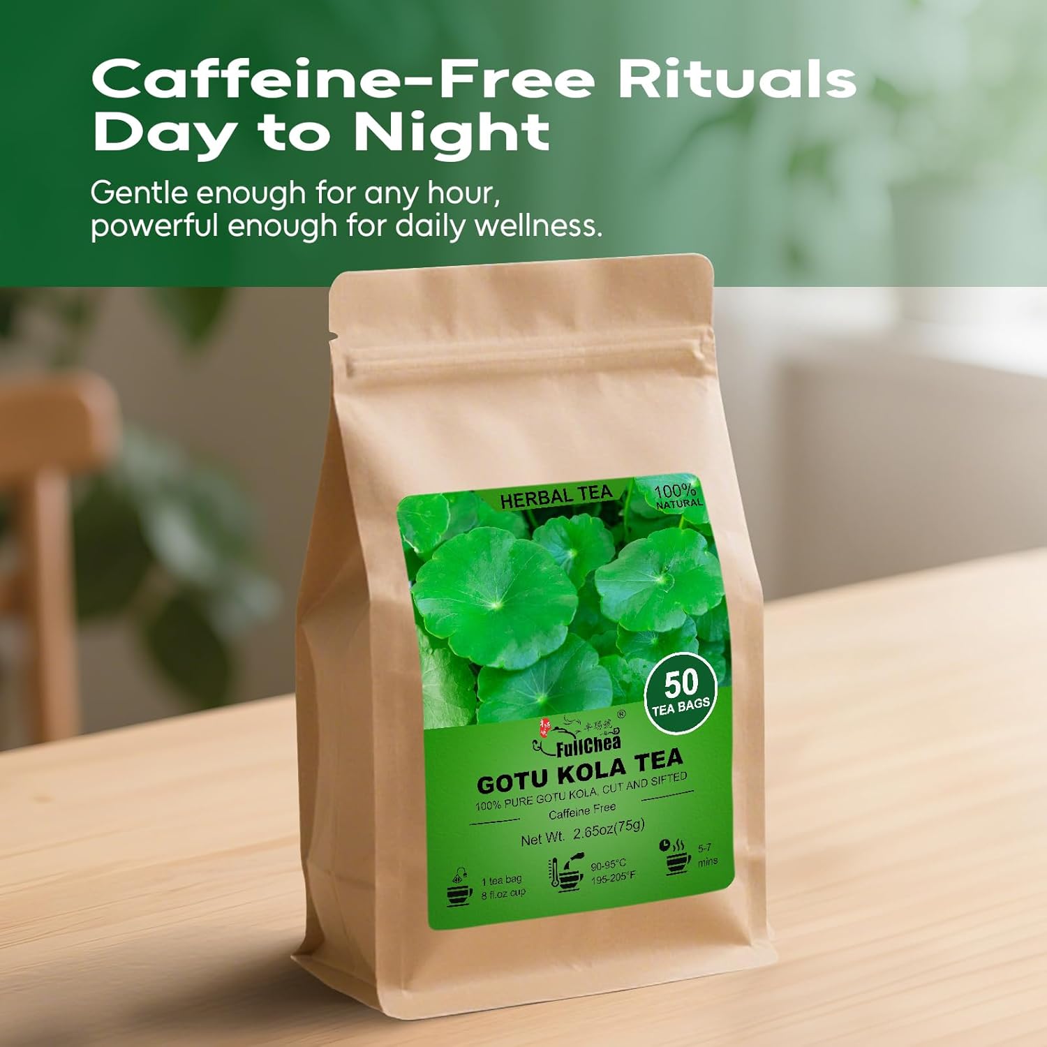 FullChea -Gotu Kola Tea, 50 Teabags - Premium Dried Gotu Kola Leaves - Natural Herbal Tea With Antioxidants & Minerals - Non-GMO - Caffeine-Free - Support Focus