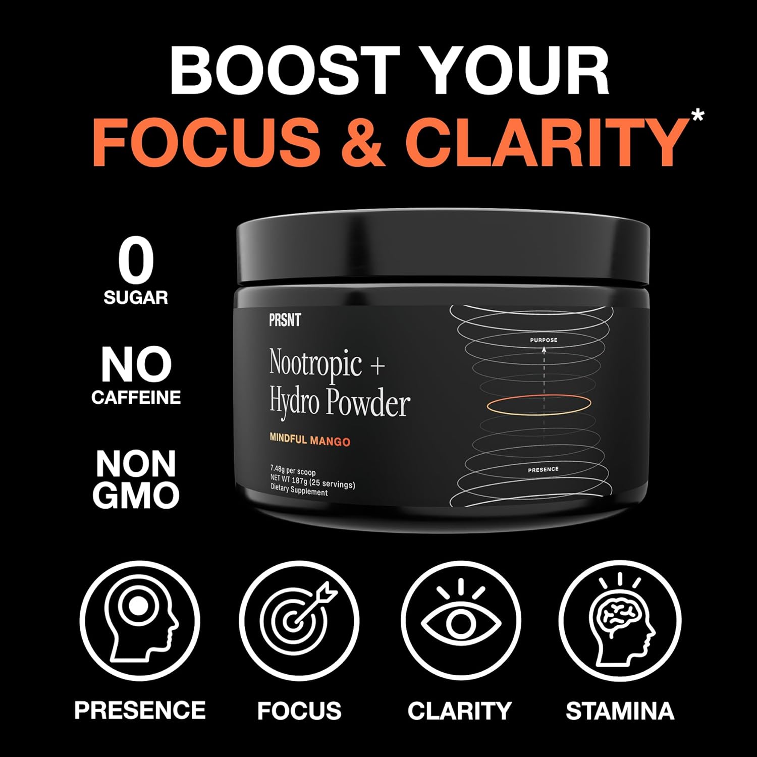 PRSNT Nootropic Drink Powder – Mango Flavor – Focus, Energy & Brain Boost Supplement – Lions Mane, Alpha GPC, L-Tyrosine, Magnesium, Electrolytes – 25 Servings, Caffeine-Free, Sugar-Free