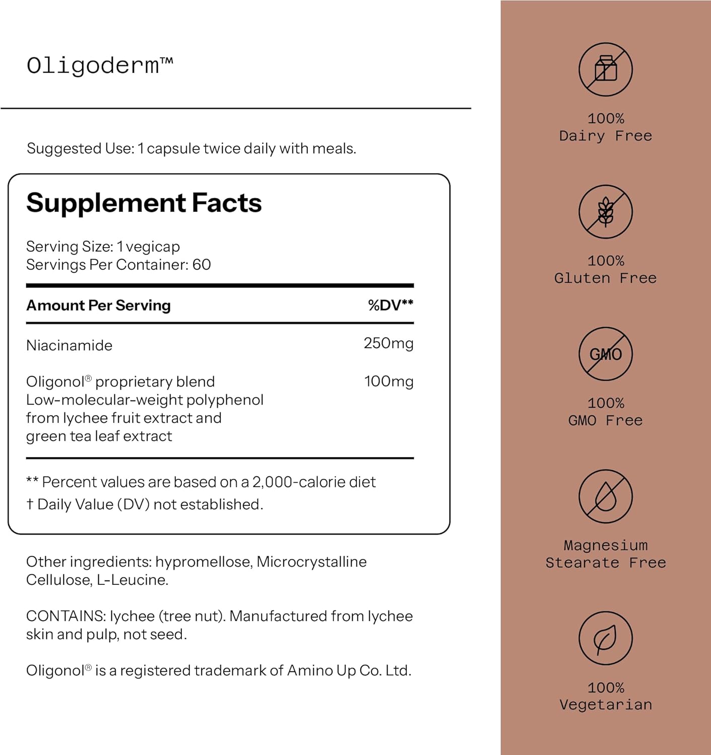 Quality of Life Oligoderm, Premium Skin Support Supplement Featuring Oligonol and Niacinamide - 60 Capsules