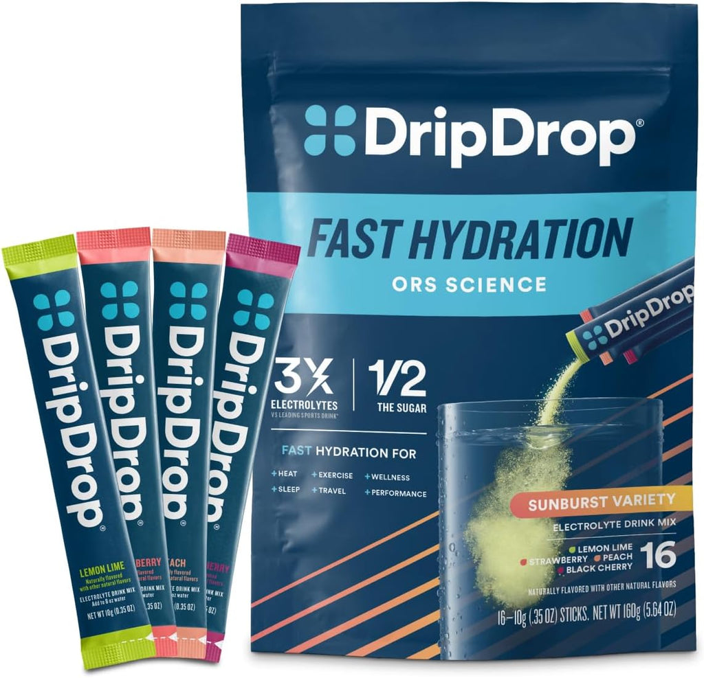 DripDrop Hydration Packets - Sunburst Variety Pack - Single Serve Electrolytes Powder Drink Mix - Lemon Lime, Strawberry, Peach, Black Cherry - Non-GMO, Gluten Free, Vegan - 16 Sticks