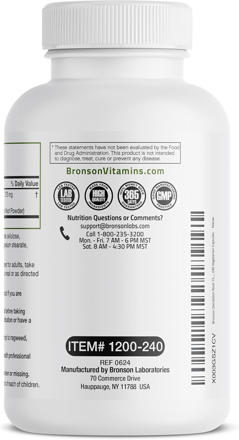 Bronson Dandelion Root High Potency Supplement, Supports Overall Good Health & Well-Being, Traditional Diuretic Herb - Non-GMO, 240 Vegetarian Capsules