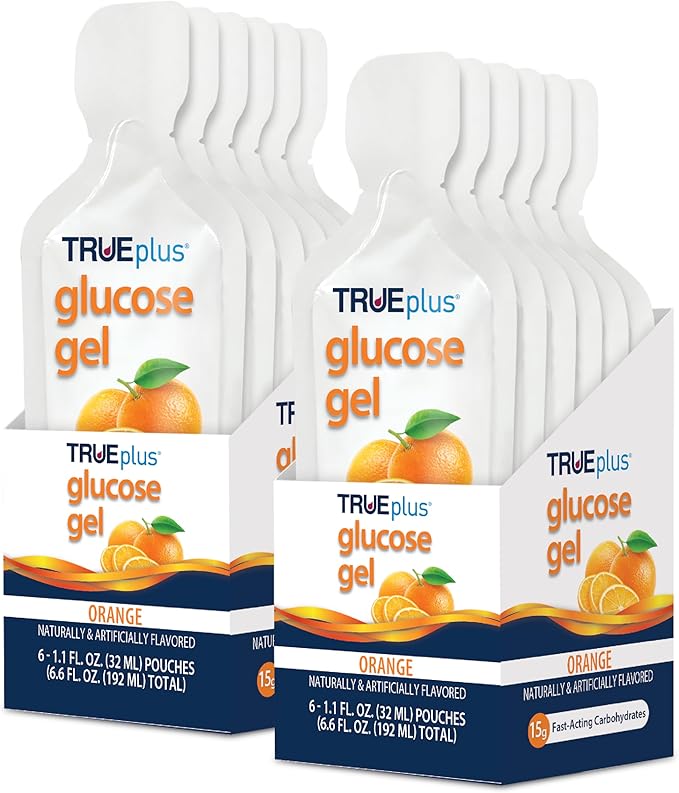 TRUEplus Glucose Gel Pouch, Orange Flavor, 15g Fast-Acting Carbohydrates, Fat Free, Gluten Free, Quick Support for Low Blood Sugar and Energy, 12 Pack