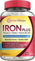 Doctor's Recipes Iron Supplement for Women Men - Gentle Iron Bisglycinate with Vitamin C, B6, Folate & B12 - Non-Constipating & Stomach Friendly Iron Pills for Blood & Energy Support, 180 Vegan Caps