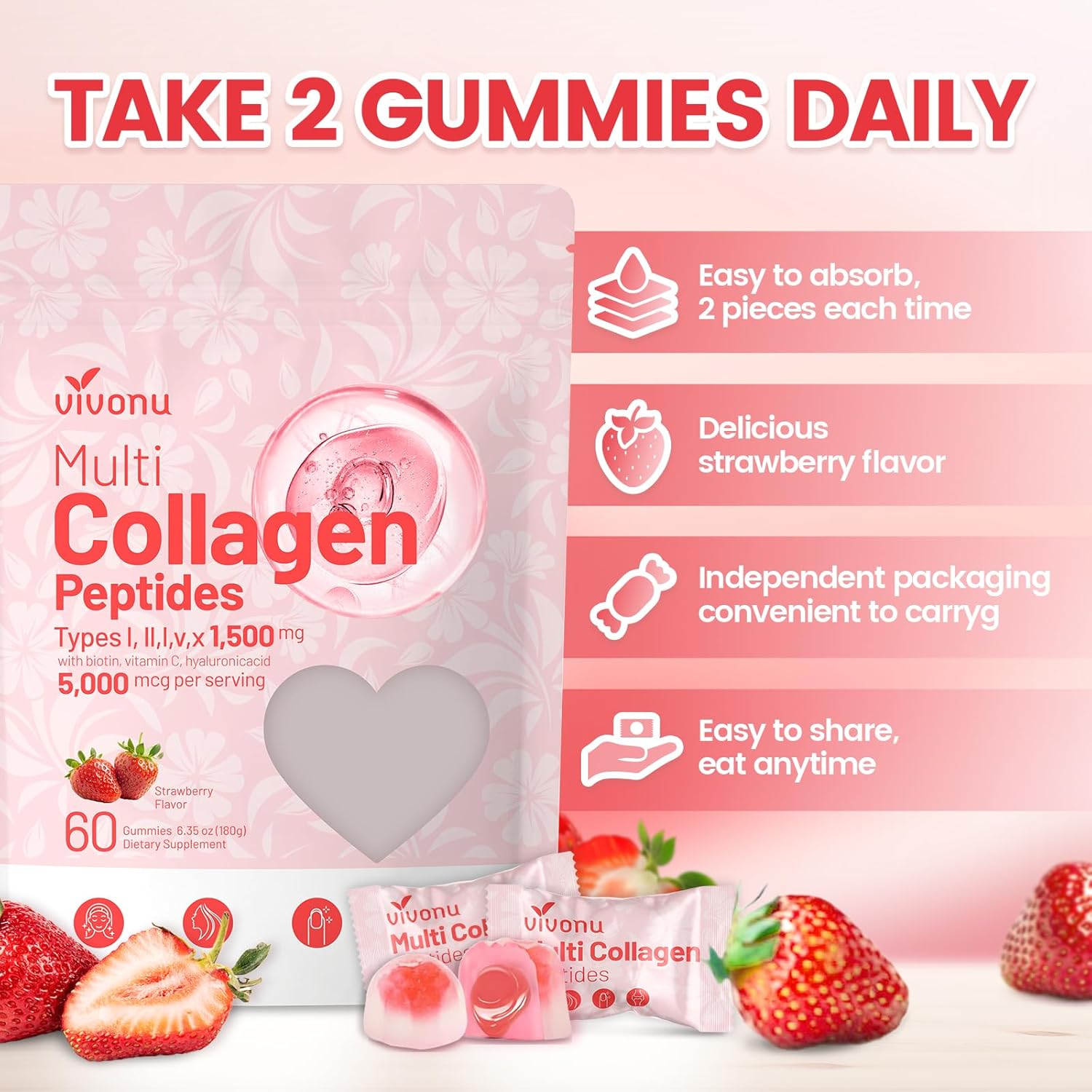 Multi Collagen Peptides Gummies for Women & Men Sugar-Free, Multi Collagen Hydrolyzed Protein Type I,II,III,V,X, Biotin, Methylated B12, Vitamin C A E D3 B6 for Skin Hair Nails, Bone