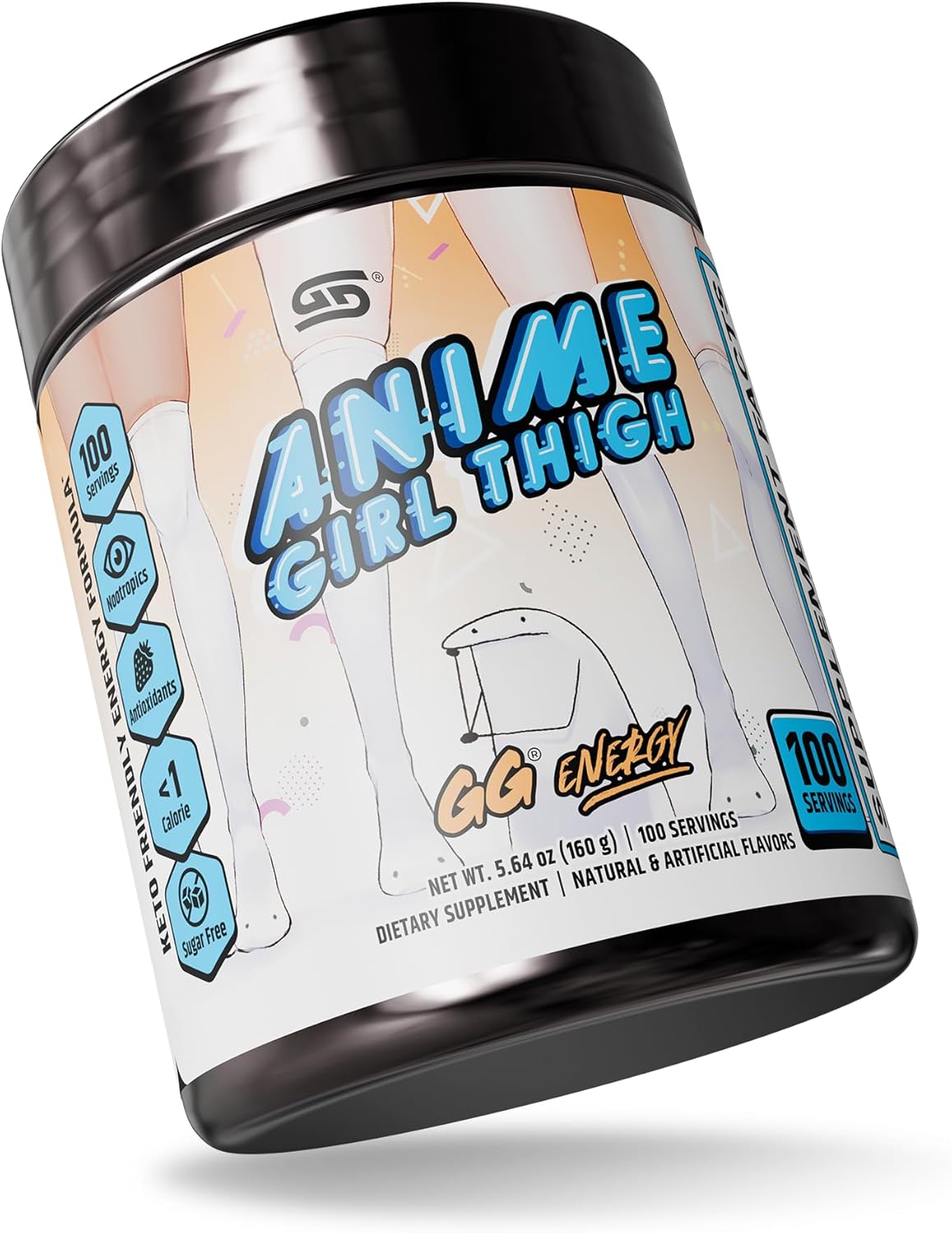 Gamer Supps, GG Energy Anime Girl Thigh (100 Servings) - Keto Friendly Gaming Energy and Nootropic Blend, Sugar Free + Organic Caffeine + Vitamins, Powder Drink