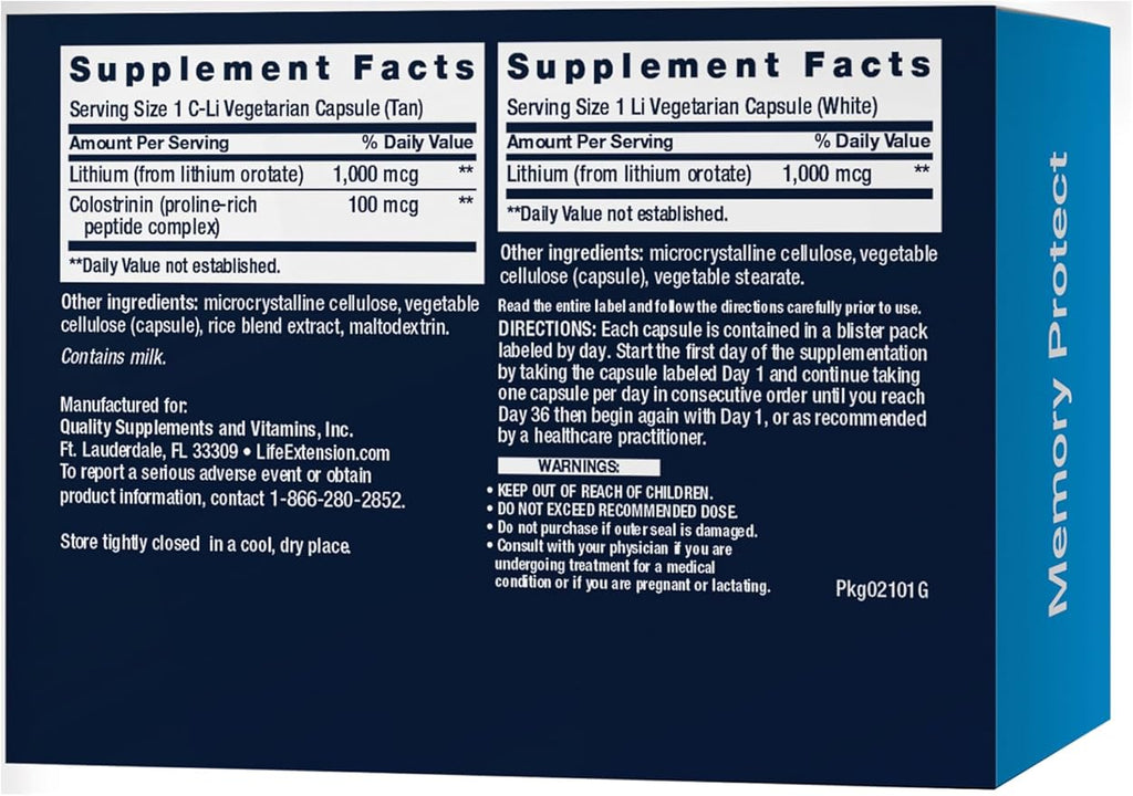 Life Extension Memory Protect, Lithium, colostrinin Milk peptides, Memory and Cognitive Health Support, Gluten-Free, Non-GMO, 12 colostrinin-Lithium (C-Li) Capsules, 24 Lithium (Li) Capsules