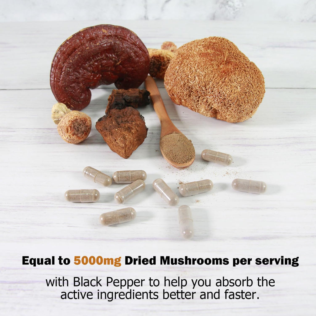 14 Mushrooms Supplement 120 Capsules - Immune System Booster & Nootropic Brain Supplement – with Lion’s Mane, Reishi, Maitake, Turkey Tail, Chaga Complex – Black Pepper for Absorption, 30% Beta-Glucan
