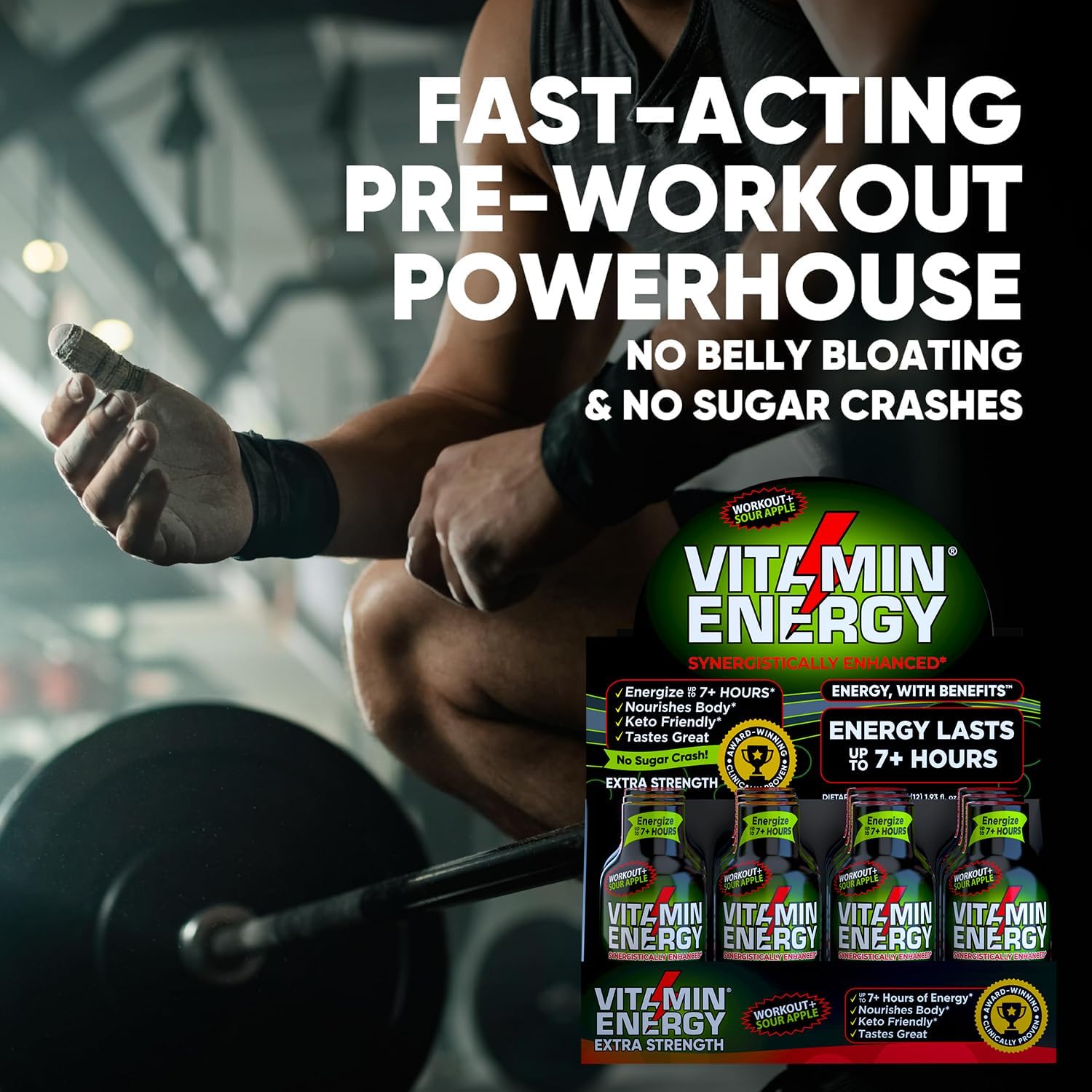 Vitamin Energy Workout+ Extra Strength Energy Shot Sour Apple 24 Pack, 260mg Natural Caffeine, Pre-Workout, B-Vitamins, Minerals, Endurance & Performance, Zero Sugar, Gluten-Free, Vegan, 1.93 fl oz